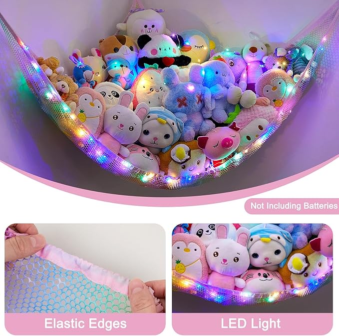 Unicorn Castle Stuffed Animals Net or Hammock Kids Toy Storage Organizer with LED Light Hanging Corner Stuffed Animals Holder Kids Girls Room Decor,Rainbow-A,Large (Pack of 1)