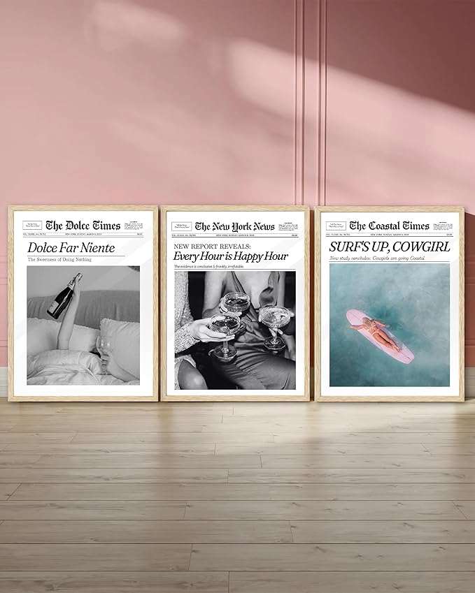 iHery Framed Coastal Trendy Cowgirl Wall Art Decor, Natural OAK Wood 12x16in Canvas Newspaper Retro Bedroom Wall Art,Surfer Up Vintage Bar Cart Home Decor For Dorm Living Room 1Pack