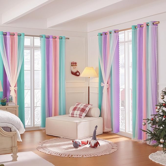XiDi Kids Blackout Curtains with Sheer Overlay for Girl Bedroom 96 Inches Long Pink Purple Green Rainbow Princess Double Layer Curtain Thermal Insulated Room Darkening Grommet Drapes 2 Panels W34xL96