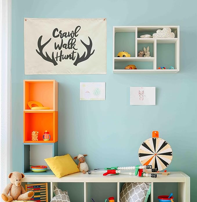 Nursery Rectangular Canvas Banner Wall Decor for Nursery Bedroom Playroom Door Decor,Poster Flag Sign Art for Baby Boy Kids Teen,Baby Shower Birthday Christmas Gift-Crawl Walk Hunt Themed