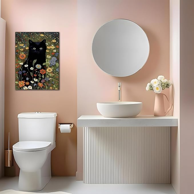 Framed Cat Canvas Wall Art, Funny Black Cat Picture Wall Decor, Animal In Garden Flowers Prints Poster for Bathroom Bedroom Living Room Gallery Decor 12x16 inch