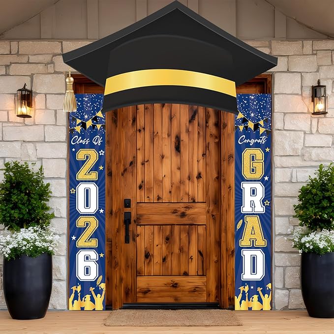 3Pcs Graduation Cap Door Banner 2026 Graduation Door Decoration Class of 2026 Porch Sign Congrat Grad Hanging Banner Decor Grad Party Indoor Outdoor Wall Decor Photo Prop Supplies Blue Gold