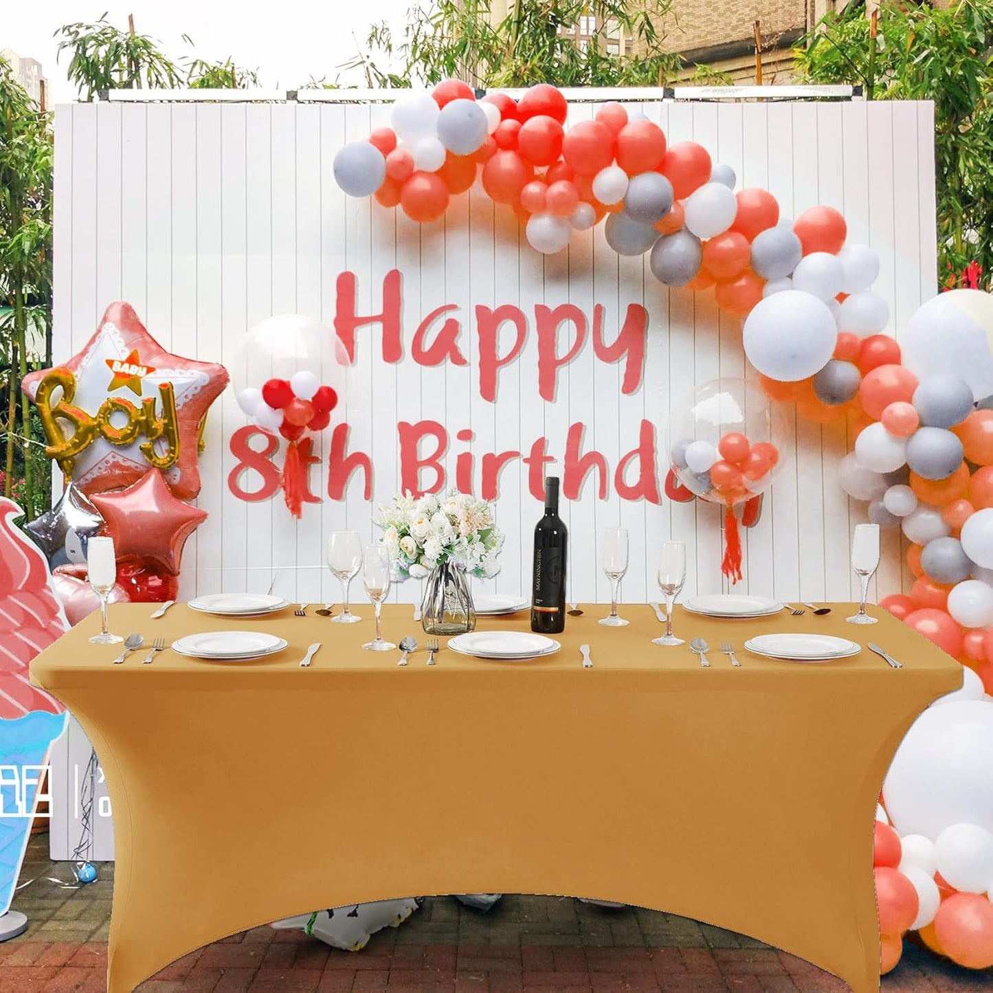 SuperO Waterproof Spandex Table Cover for 8FT Table Universal Fitted Stretch Tablecloth for Party, Banquet, Wedding and Events-Gold