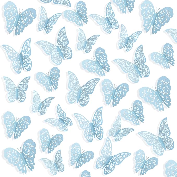 Bememo 72 Pieces 3D Butterfly Wall Decals Sticker Decal Wall Decor Art Decorative Sticker 3 Sizes for Room Offices Bedroom Bathroom Living Room Decor(Sky Blue)