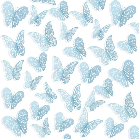 Bememo 72 Pieces 3D Butterfly Wall Decals Sticker Decal Wall Decor Art Decorative Sticker 3 Sizes for Room Offices Bedroom Bathroom Living Room Decor(Sky Blue)