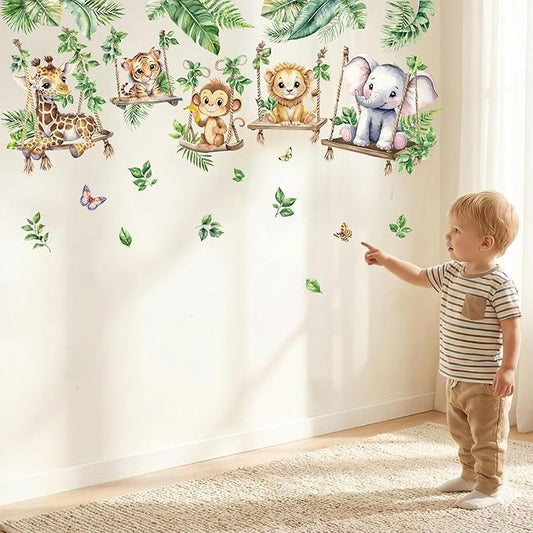 Jungle Animal Wall Decals for Baby: Animals Son Swings Nursery Room Decor with Peel and Stick Removable Vinyl Wall Stickers for Kids Bedroom Safe and Easy to Apply - Ages 0-12 Years