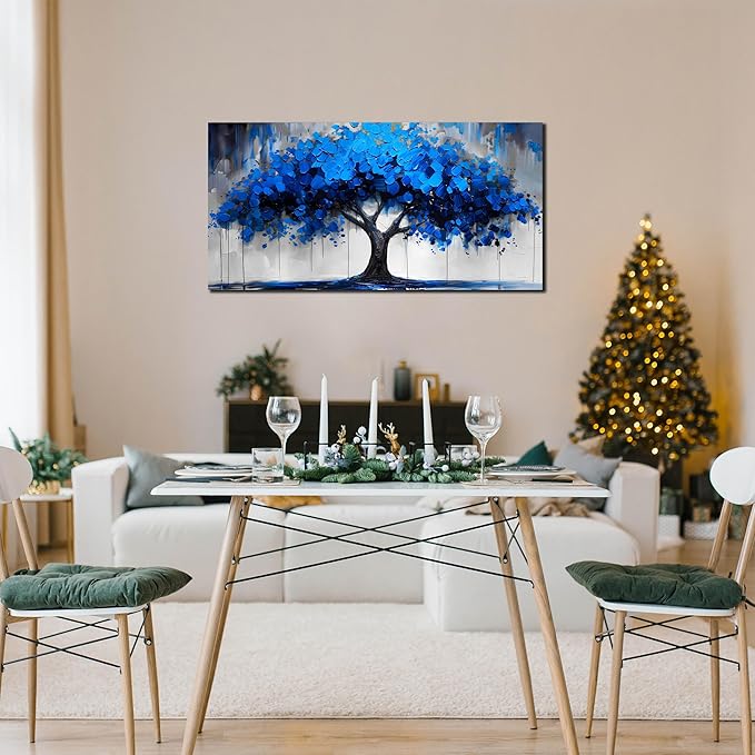 Blue Wall Art Large Tree of Life Wall Art for Living Room Bedroom Office Bathroom Modern Framed Canvas Prints Blue and Grey Picture Size 30x60