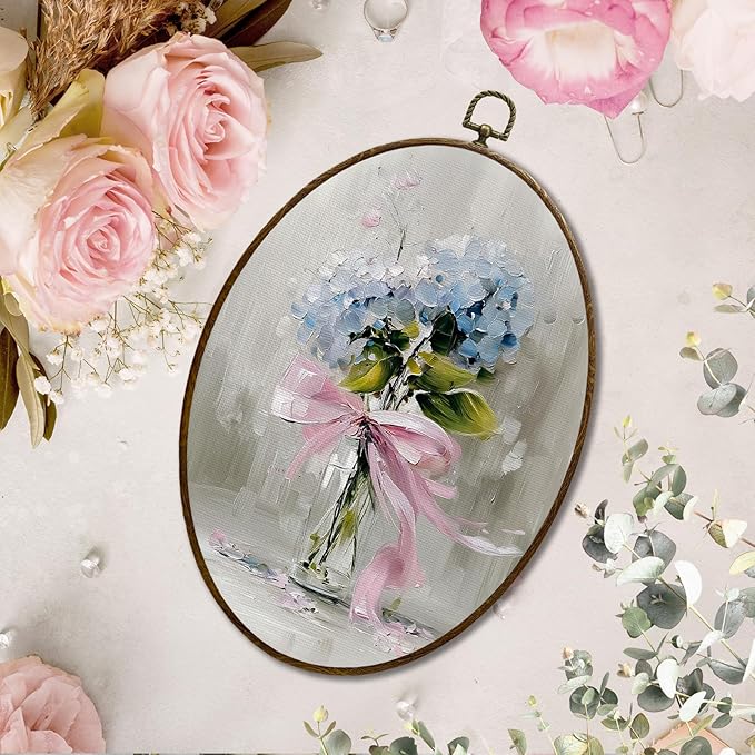 JQF Vintage Hydrangea Floral Oval Wall Decor, Cottagecore Floral Oval Canvas Wall Art, Pink Bow Flower Bouquet Botanical Framed Prints Hanging Decor for Home Bedroom Living Room, 8.5x11.5 Inch
