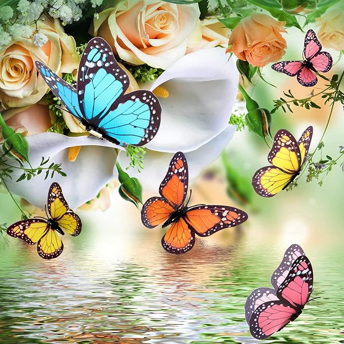 Chuangdi 48 Pcs Colorful Monarch Butterfly Decorations 3 Size Fake Butterflies Realistic Butterfly Craft Artificial Mariposas Wall Decor for Craft Wedding Home Birthday Party (3.2inch,4inch,4.7inch)