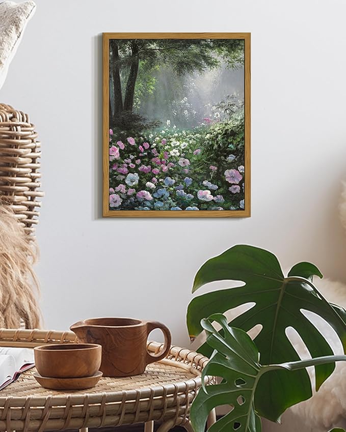 SHENIFY Vintage Floral Framed Wall Art Garden in Flower Scenery Farmhouse Decor Retro Flower Sea Field Painting for Living Room Bedroom Ready to Hang Wall Artwork - 8x10in Natural Framed