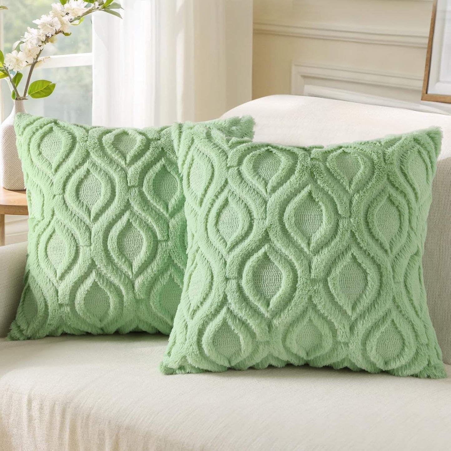 decorUhome Throw Pillow Covers 18x18 Inch Set of 2, Soft Plush Decorative Faux Fur Sage Green Solid Couch Pillow Covers, Accent Farmhouse Neutral Square Euro Pillow Cases for Sofa Bed Living Room
