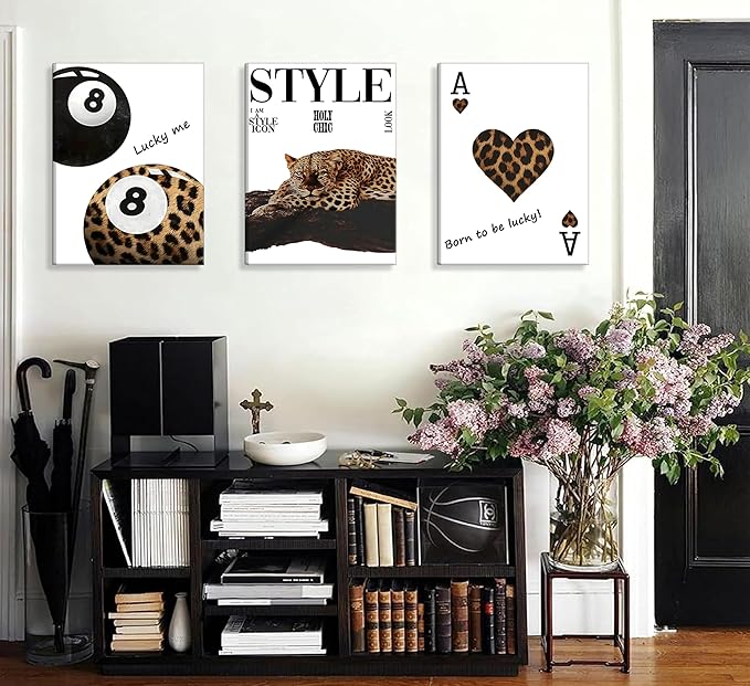 3pcs Framed Fashion Leopard Print Canvas Wall Art Cheetah Paintings Wall Decor Stylish Lucky 8 Ball Posters Prints College Style Room Aesthetic Pictures for Girls Bedroom Apartment Dorm Decoration
