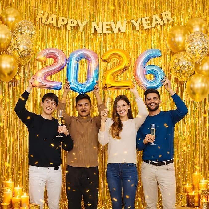 Foil Fringe Curtains Party Decorations for 2026 NYE - Melsan 3 Pack 3.2 x 8.2 ft Tinsel Curtain Party Photo Backdrop for Birthday Party Baby Shower or Graduation Decorations (Pure Gold)