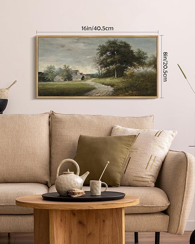SHENIFY Vintage Landscape Framed Wall Art Rustic Cottage Countryside Farmhouse Decor Retro Painting for Kitchen Bedroom Living Room Bathroom - 8x16in Natural Framed