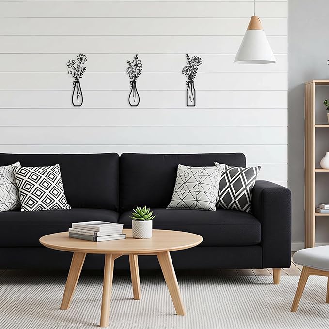 3-Piece Black Modern Metal Flower Wall Decor – Minimalist Vases & Floral Art, Rustic Farmhouse Wall Hanging for Small Space, Bathoom,Kitchen, Bedroom, Hallway, Entryway – Wall Accent Housewarming Gift