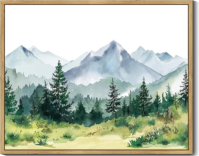 SHENIFY Green Pine Tree Forest Vintage Framed Wall Art Modern Landscape Scenery Farmhouse Artwork Prints Decor for Kitchen Living Room Bedroom Bathroom - 8x10in Natural Framed