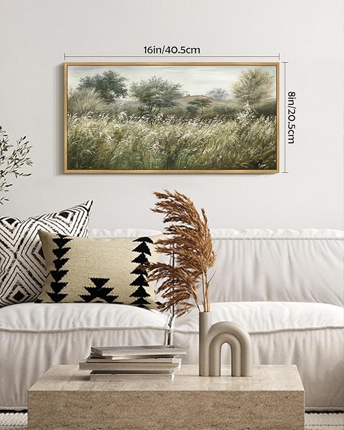 SHENIFY Vintage Landscape Framed Wall Art Meadow Scenery Farmhouse Decor Retro Painting for Bedroom Living Room Ready to Hang Wall Artwork - 8x16in Natural Framed