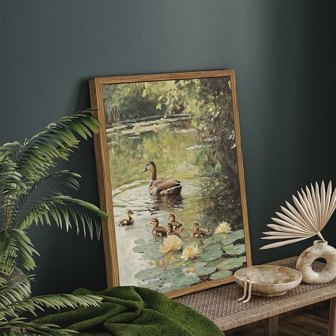 Framed Vintage Duck Canvas Wall Art, Rustic Farmhouse Animal Family Pictures Wall Decor, Country Nature Pond Paintings Prints Cottagecore Home Decor for Living Room Bedroom Bathroom 12x16 inch