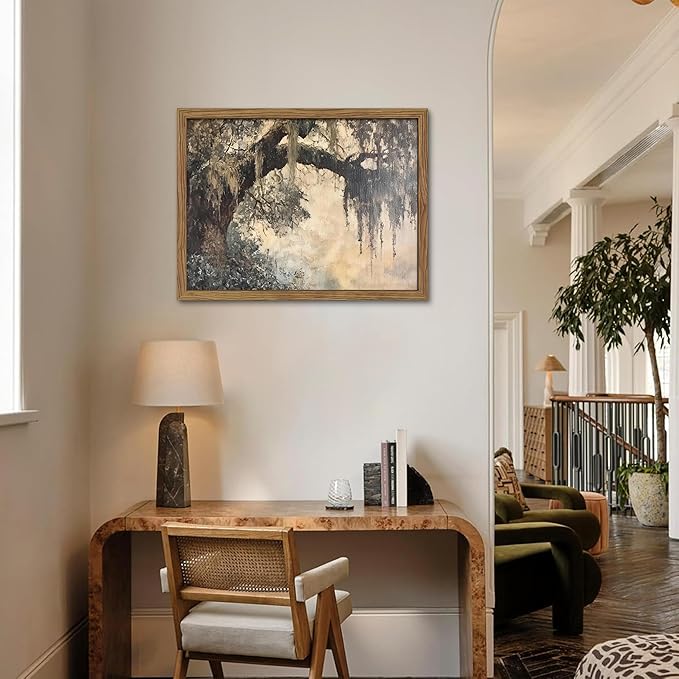 Framed Cottagecore Canvas Wall Art, Vintage Live Oak Tree Pictures Print, Charleston Spanish Moss Oil Paintings, Farmhouse Savannah Southern Wall Decor for Entryway Living Room – 8x10 inch
