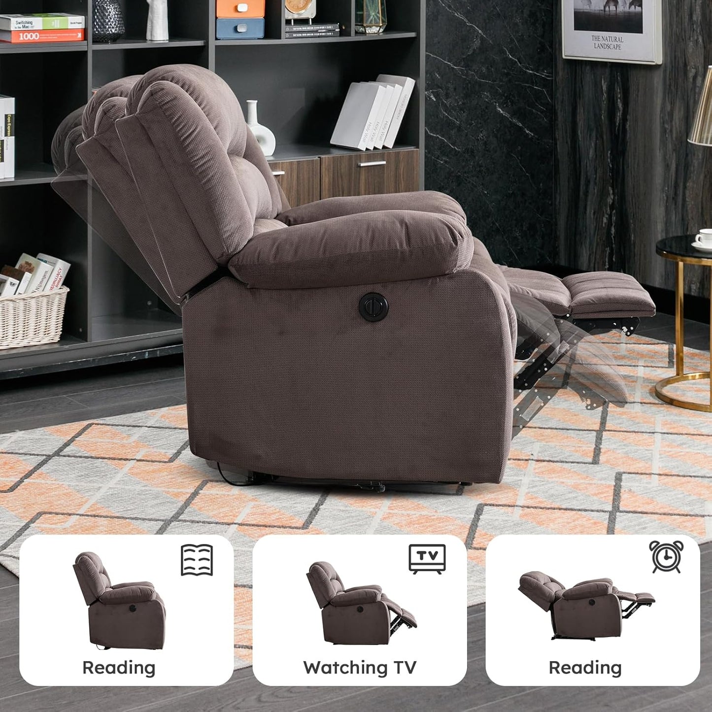 EBELLO Classic Power Recliner Chair, Oversized Electric Reclining Chair with Overstuffed Cushion and Back, Soft Fabric Adults Single Recliner Sofa for Living Room, Brown