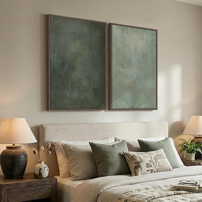 Large Framed Green Abstract Wall Art, 2 Piece Modern Canvas Art Prints Paintings, Minimalist Sage Green Abstract Pictures for Living Room, Hallway, Dining Room, Bedroom, Office Wall Decor 24x36 In