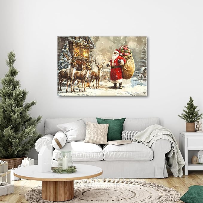 Santa and Reindeer Wall Art Christmas Wall Decor Farmhouse Deer Canvas Prints Pictures Vintage Winter Christmas Tree Landscape Painting Artwork for Kitchen Dining Room Home Decorations 32x48"