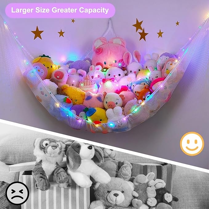 Unicorn Castle Stuffed Animals Net or Hammock Kids Toy Storage Organizer with LED Light Hanging Corner Stuffed Animals Holder Kids Girls Room Decor,White,XLarge (Pack of 1)