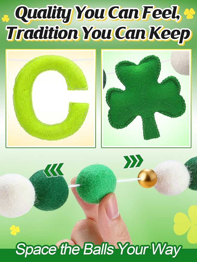 3 Pack Felt St. Patrick's Day Decorations Garland - 6.6 ft Lucky Felt Ball Pom Pom with Silver Beads, Shamrock Garlands for Mantel Home Supplies