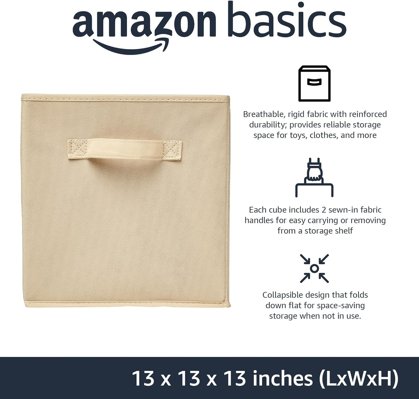 Amazon Basics Collapsible Fabric Storage Cube Bins Organizer with Handles, Sturdy, Beige, 13-x-13-x-13-inch, Pack of 6