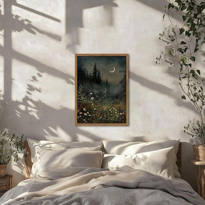 Vintage Moonlit Forest Wall Art Crescent Moon Forest Wildflower Gothic Canvas Prints Landscape Aesthetic Pictures Wall Decor for Living Room Bedroom Offices 12x16 inch Framed