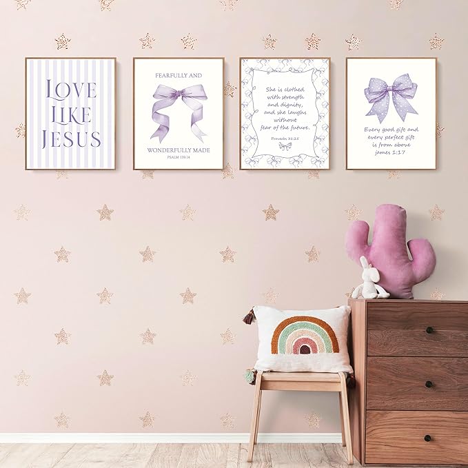 LARTSFRO Coquette Purple Bow Jesus Wall Art Decor Posters, Purple Bow Christian Room Bedroom Bathroom Dorm Wall Art Decor Aesthetic for Teen Girls Gifts, Inspirational Bible Verses Bow Wall Decor, 10x8 Inch Set of 4 Bow Pictures (UNFRAMED)