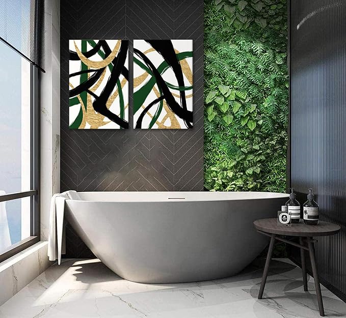 GKQNMU 2pcs Abstract Stripe Canvas Wall Art Modern Minimalist Geometry Wall Decoration Pictures Green Gold And Black Prints Posters Paintings for Living Room Bedroom Office Decoration Ready To Hang