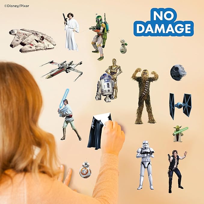 Star Wars Wall Decals - Set of 17 Removable Vinyl Stickers for Kids Bedroom Playroom Bathroom - Peel and Stick Room Décor