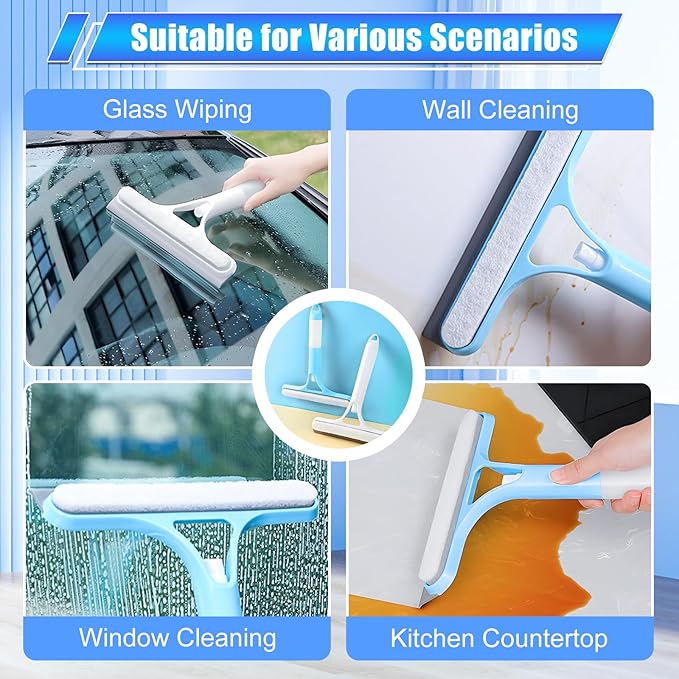 3 in 1 Window Cleaning Scraper, Cleaner Window Squeegee with Sprayer, Squeegee and Scrubber Spray Bottle Window Squeegee for Shower Glass,Mirrors,Car,Home,All-Purpose Window Cleaner Tool (Blue+White)