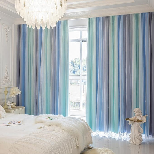 XiDi 100% Blackout Curtains for Girls Bedroom Living Room 96 Inch Length 2 Panels Kids Rainbow Blue Green Grey Mix & Match Double Layer Curtains with Sheer Overlay Grommet Window Drapes 34W x 96L