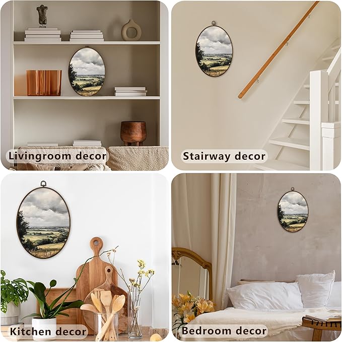 Gnmduw Vintage Farmhouse Field Landscape Oval Wall Art Framed, Wildflower Field Nature Landscape Canvas Prints Hanging Decor Decorations, Cottagecore Wall Decor for Living Room Bedroom, 8.7x11.3 Inch