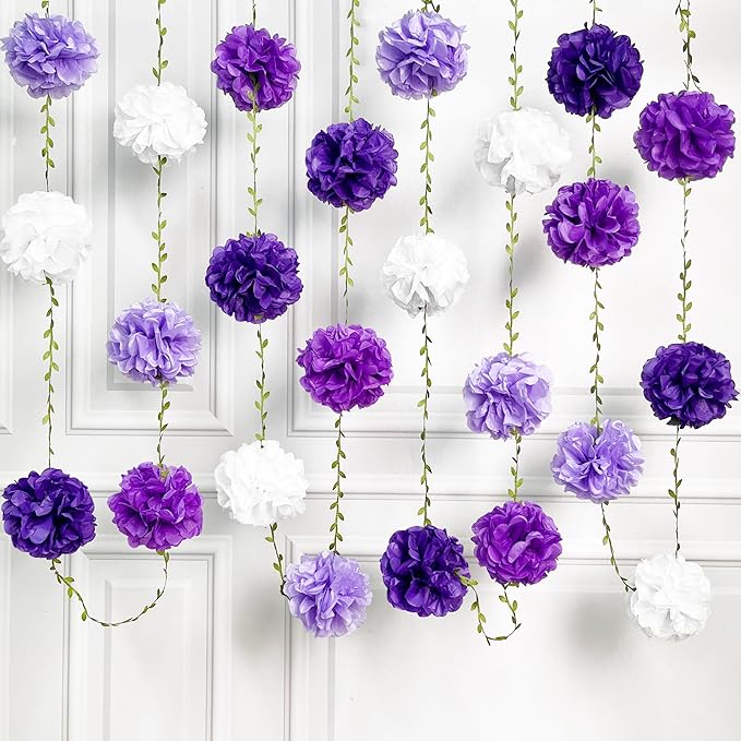 Ombre Purple White Party Decorations Lavender White Tissue Paper Flowers Pom Pom with Leaf Ribbon Hanging Garland Streamer for Birthday Baby Shower Bachelorette Wedding Lilac Violet Party Supplies