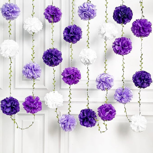 Ombre Purple White Party Decorations Lavender White Tissue Paper Flowers Pom Pom with Leaf Ribbon Hanging Garland Streamer for Birthday Baby Shower Bachelorette Wedding Lilac Violet Party Supplies