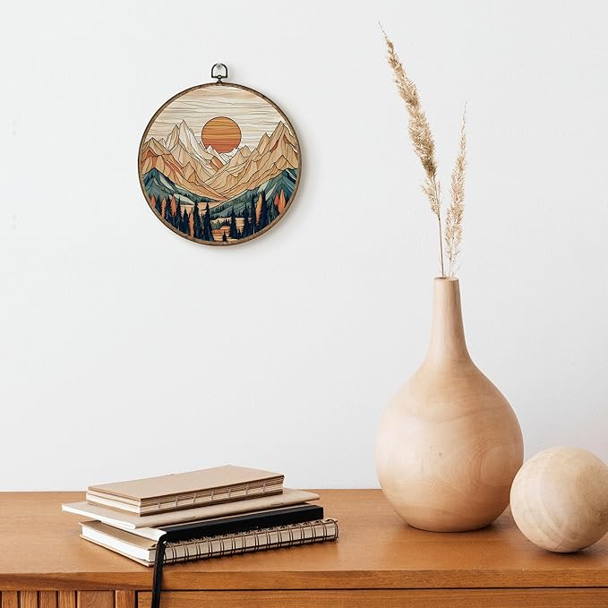 TLESKE Boho Vintage Sun Round Wall Art Decor Framed 10x10, Neutral Sunrise Mountain Woodland Canvas Wall Art Prints Artwork, Gothic Moody Wall Hanging Room Door Decor for Bedroom Living Room