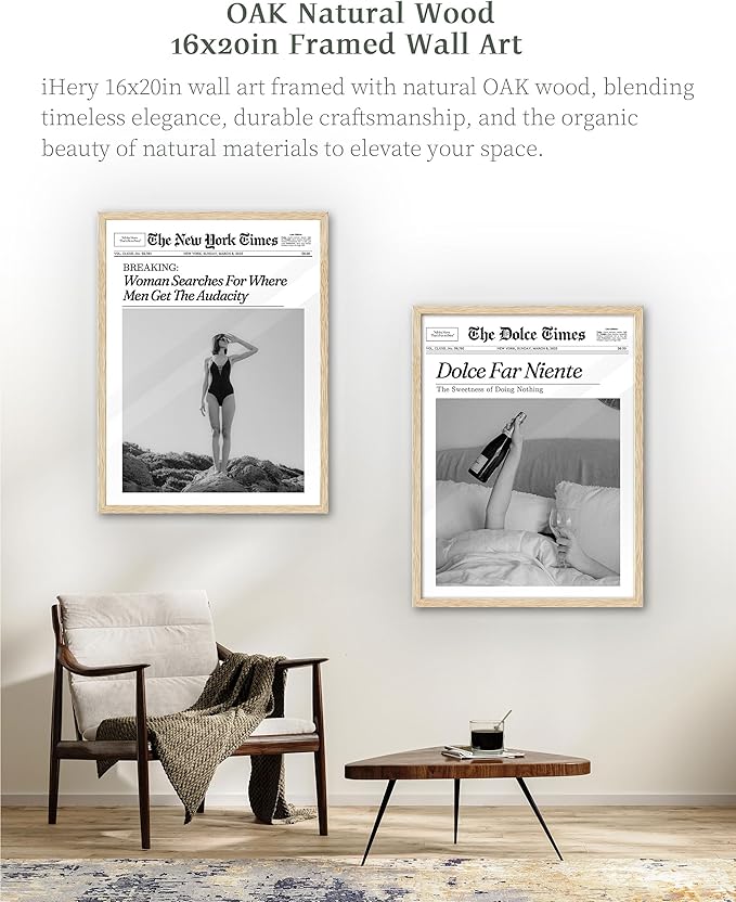 iHery Dolce Far Niente Framed Trendy NewsPaper Wall Art, Natural OAK Wood Large 16x20in Canvas Wall Art Bedroom,The Sweetness of Doing Nothing,La Dolce Vita Home Decor For Living Room Dorm 1Pack
