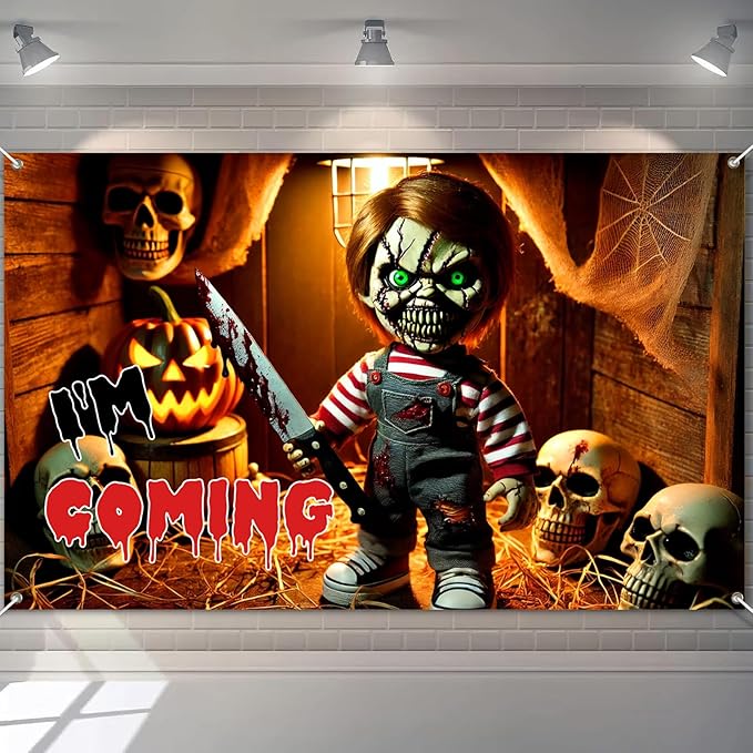Scary Doll Halloween Banner 71x43 Inch Creepy Knife Puppet Backdrop I'm Coming Wall Decor with Skull Pumpkin for Haunted House Horror Party Trick or Treat Indoor Outdoor Decoration