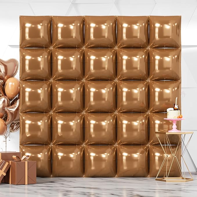 NISOCY Thanksgiving Fall Balloons 25PCS Brown Square Foil Balloons Wall Backdrop Double Sided Brown Balloon Tunnel Arch Kit for Birthday Wedding Graduation Baby Bridal Shower Party Decorations