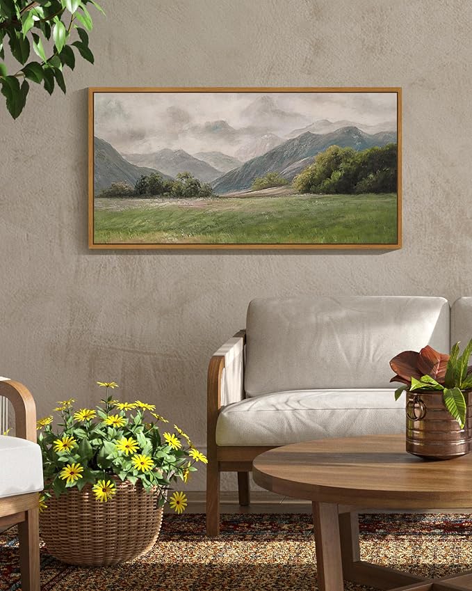 SHENIFY 20x40in Extra Large Vintage Framed Wall Art Prairie and Mountain Landscape Painting Retro Meadow Scenery Farmhouse Bedroom Above of Bed Living Room Decor - Natural Framed