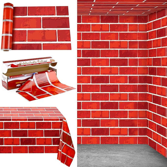 Kochorie 100 Ft x 54 Inch Red Brick Wall Backdrop Tablecloth Roll with Cutter Box Disposable Brick Wrapping Table Cover Bulletin Board for Christmas Halloween Birthday Party, Red