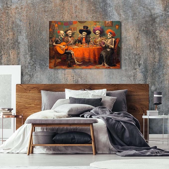 Funny Skull Canvas Wall Art Halloween Wall Decor Skeletons Party Painting Posters Watercolor Gothic Skulls Prints Pictures Halloween Artwork for Living Dining Room Kitchen Home Decorations 34x48"