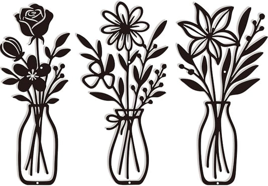 CarryWise 3 Piece Metal Flower Wall Art for Bedroom Living Room Rustic Farmhouse Floral Wall Decor for Bathroom Dining Room Boho Home Decorations Modern Minimalism Walls Hanging Sculptures(Black)