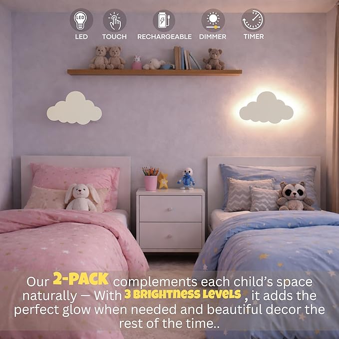 Cloud Wall Lights 2 Pack for Nursery – Dimmable & Rechargeable Night Lights for Baby Room Decor (Star Decals Included)