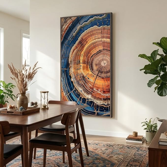 Extra Large Framed Vertical Tree Ring Wall Art for Living Room, Vintage Rustic Colorful Wood Stump Canvas Artwork for Walls, Nature Farmhouse Modern Wall Decor for Bedroom Hallway Office, 30x60 Inch