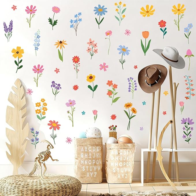 Spring Flower Wall Stickers, 8 Sheets Wildflower Wall Decals Peel and Stick Floral Wall Decor for Girls Bedroom Nursery Spring Room Decorations 90 Pcs