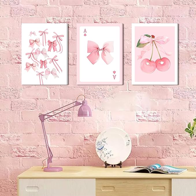 Trendy Pink Bows Canvas Wall Art Set of 3, Vintage Preppy Cherry Posters Prints, Pink Girly Room Aesthetic Wall Decor Painting for College Apartment Living Room Bedroom 16x24 In Framed